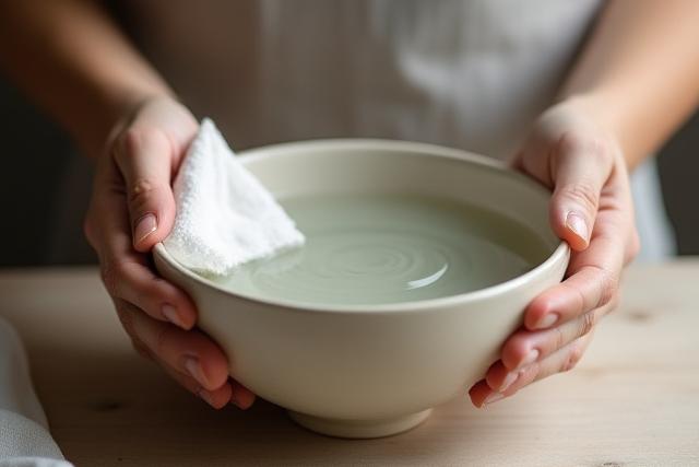 Soft cloth cleaning a delicate, handcrafted ceramic bowl filled with water