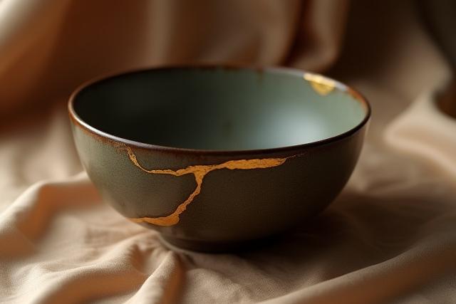 Delicate kintsugi repaired ceramic with gold lines on a soft silk cloth