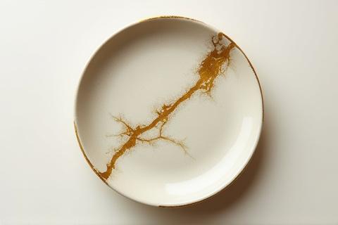 金継ぎで美しく修復された同じ陶器の皿。金色の線が見えます。